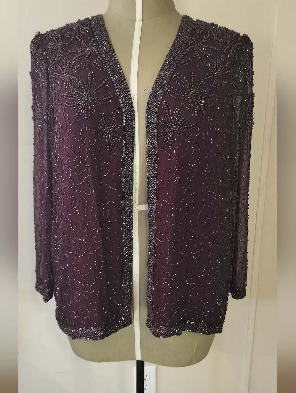 Jovani Beaded Open-Front Blazer in Plum
